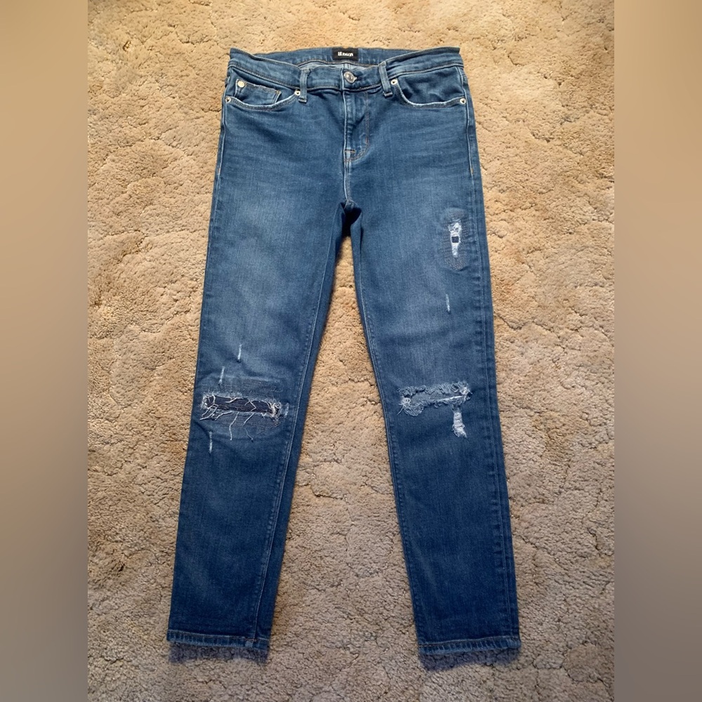 GUC HUDSON SKINNY DESTROYED LITE BLUE WASH ANKLE CROP JEANS IN SIZE 28.